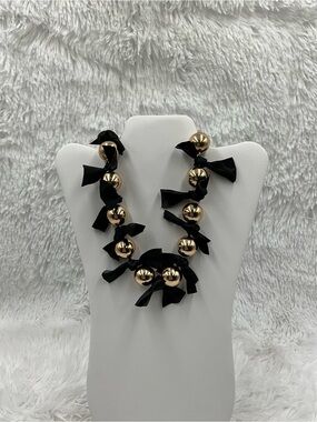 Garden Party Necklace Gold Tone Bead with Black Ribbon Accents NWT